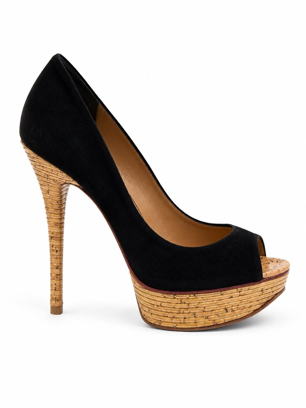Schutz Black Suede Peep-Toe Platform Stiletto Heels Cork Bamboo Texture Sz 10 - Picture 3 of 13